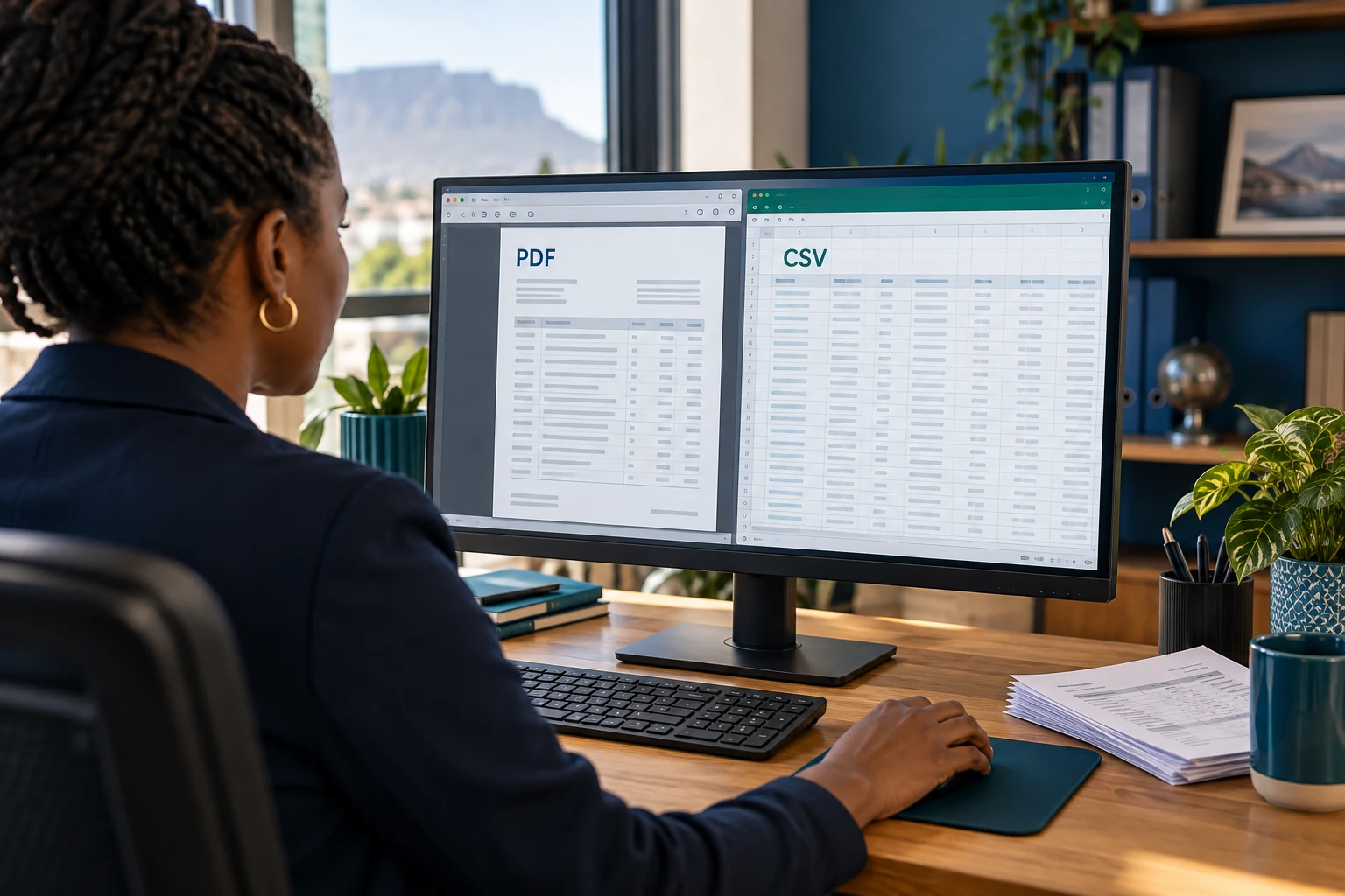 Bookkeeper reviewing a PDF bank statement beside CSV transaction data on a monitor