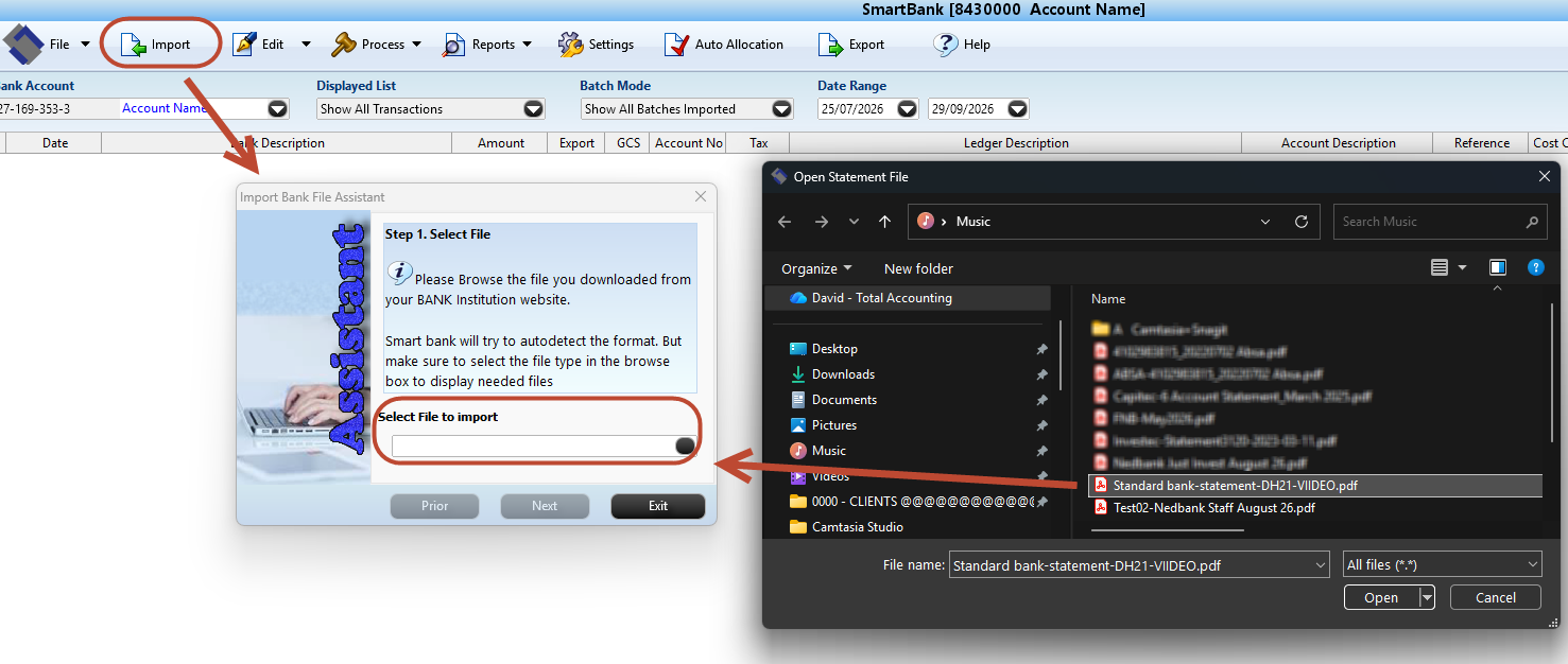 SmartBank import assistant selecting a PDF bank statement